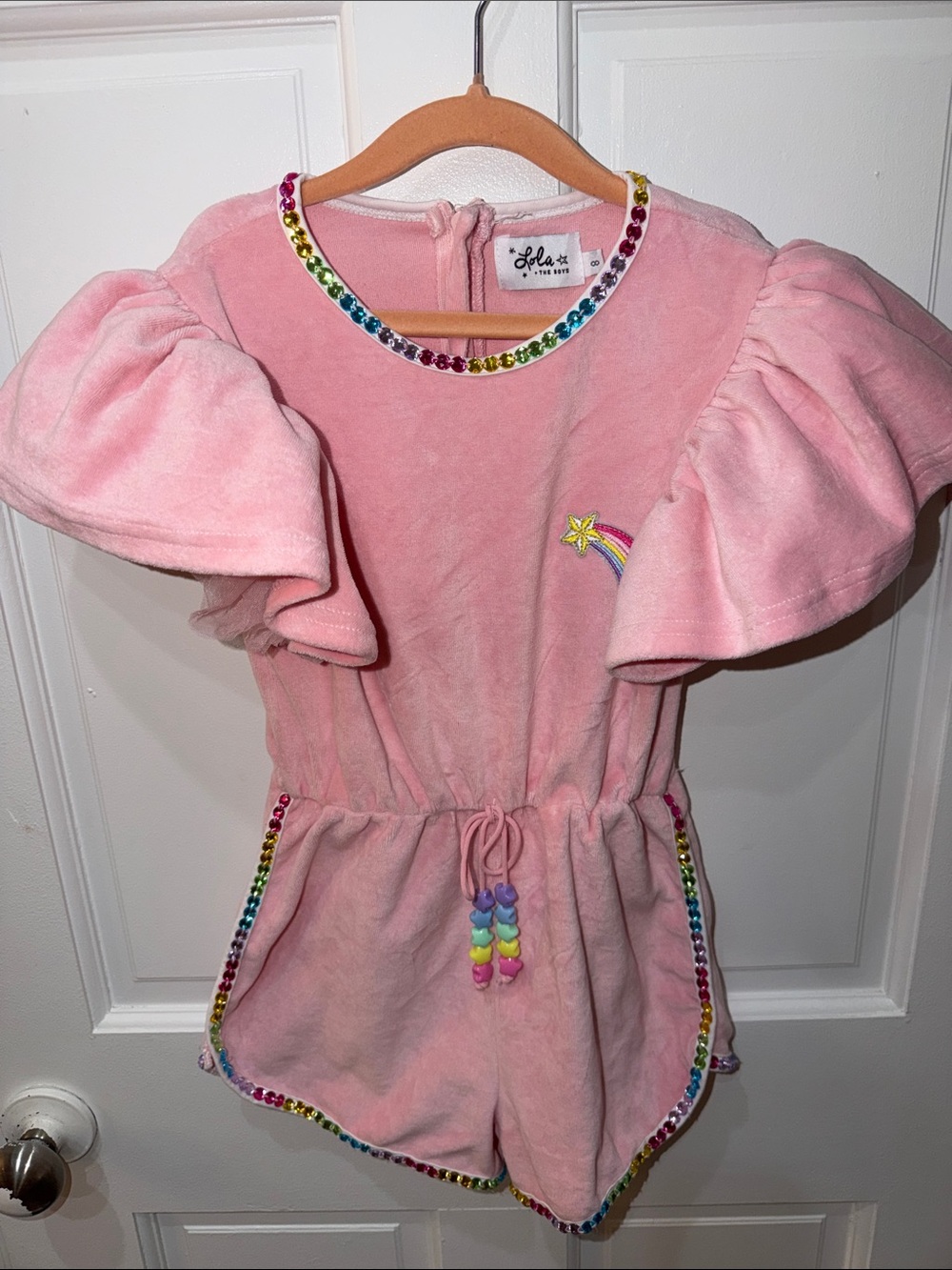 Lola and the Boys Pink Velvet Rainbow Embellished Kids Romper